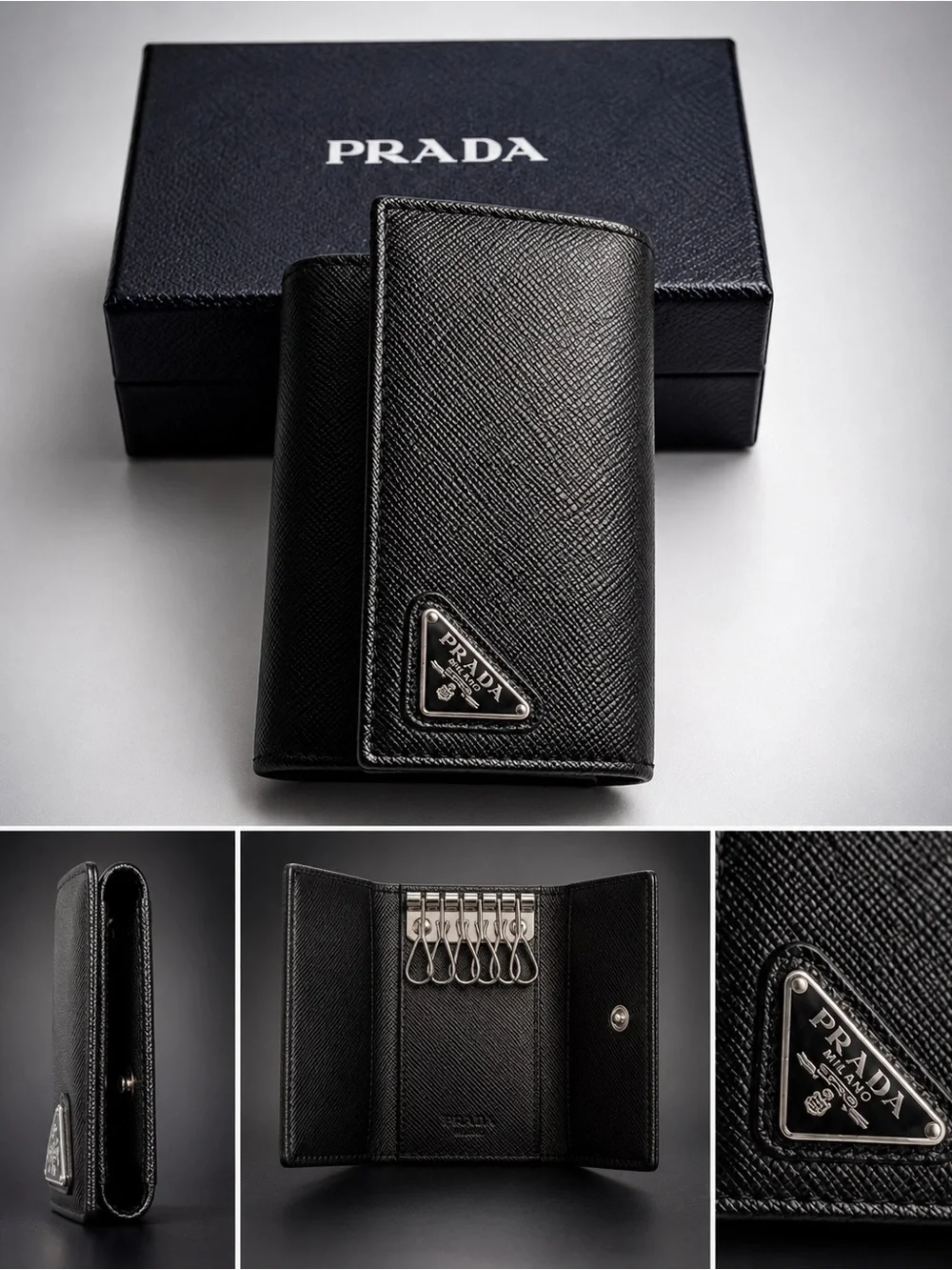 Authentic Prada Black Textured Leather Key & Card Holder with Silver Logo